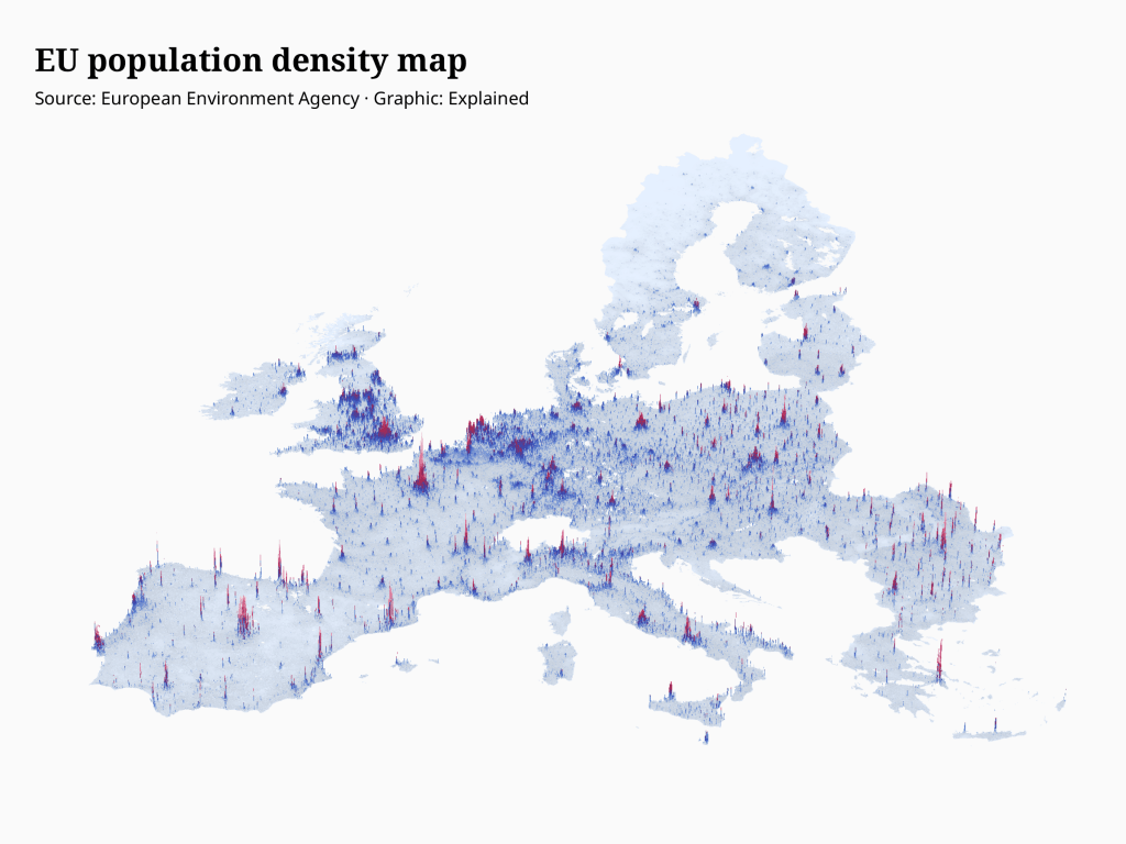 Spike map of the EU. The height and color of the spikes represent the population density at the respective point.
